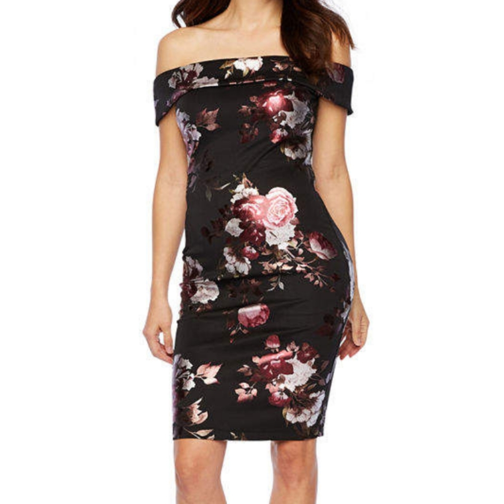 PREMIER AMOUR FLORAL OFF SHOULDER COCKTAIL DRESS Black/Burgundy/Silver S…